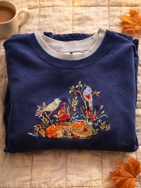 Vintage Bobbie Brooks Embroidered Sweatshirt 18W Cozy Cottagecore Fall Birds
